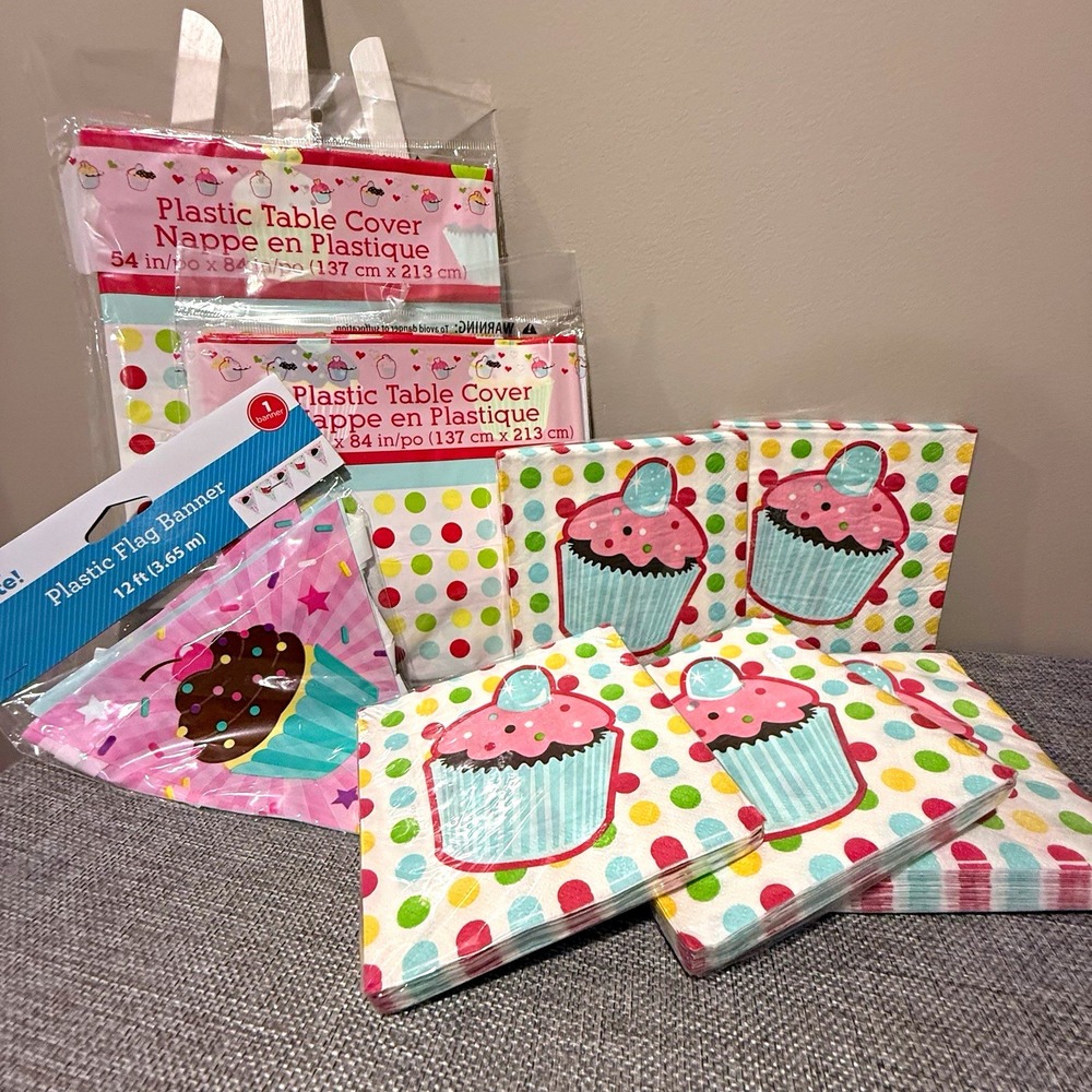 Creative Converting Sweet Treats Cupcakes Table Cover Napkins Banner Set